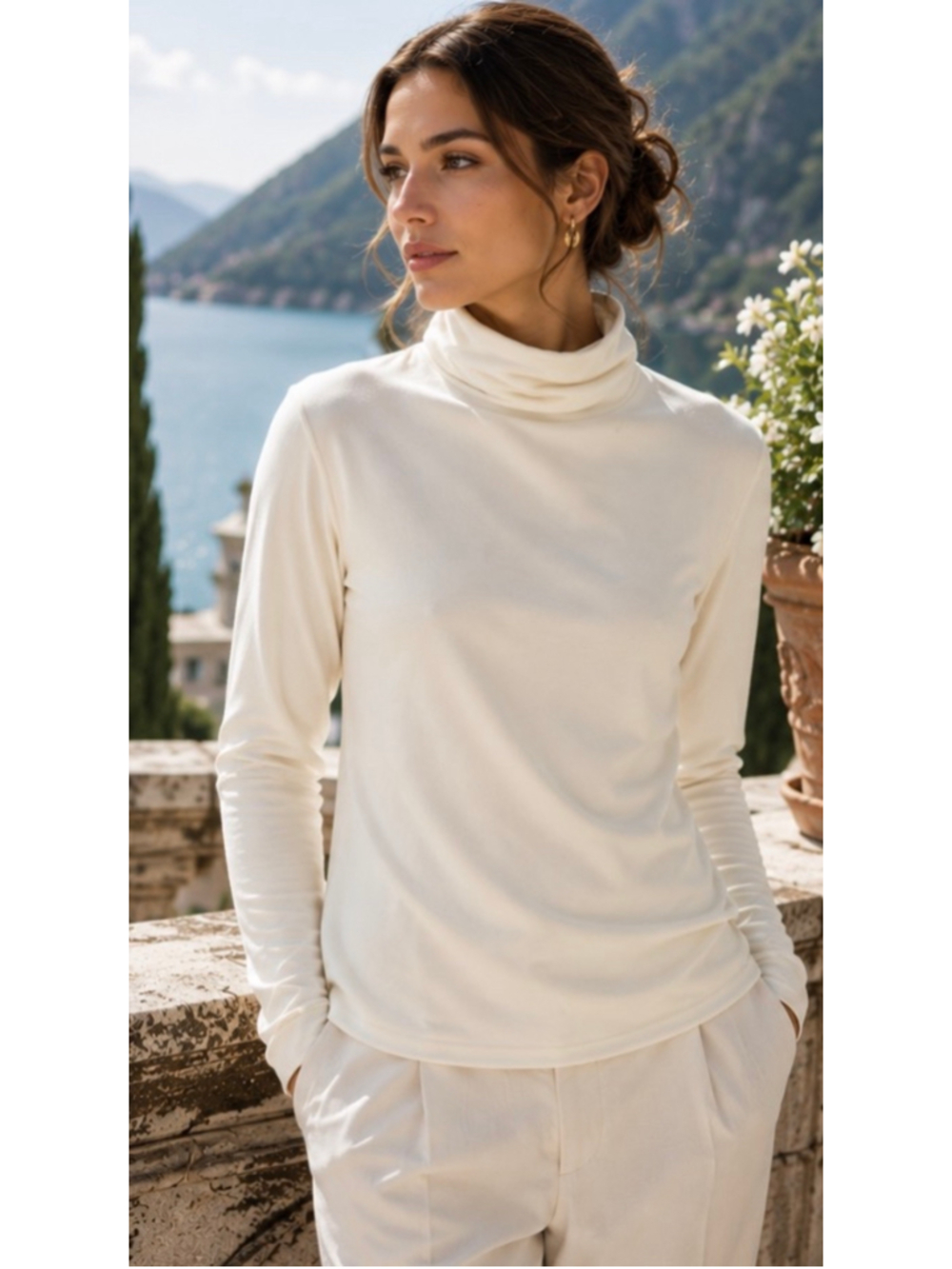 Labo.Art Long Sleeve Turtleneck Tee, Size M Ivory Imported Italian Chic